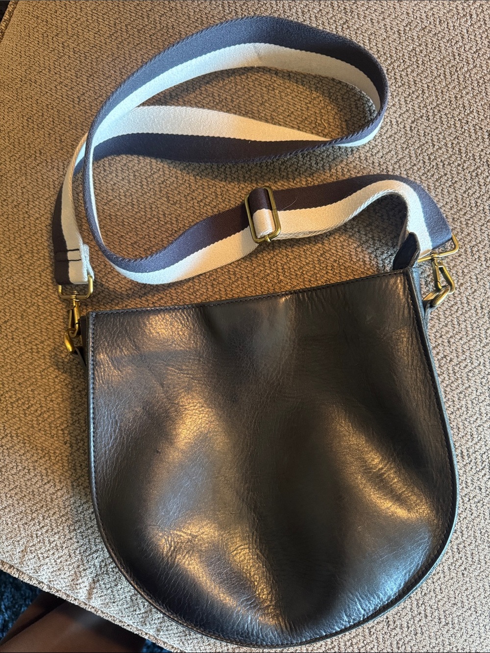 Madewell Black Leather Crossbody Bag with Striped Adjustable Strap